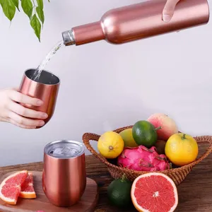 Rose gold stainless steel insulated vacuum wine bottle and egg-shaped cup set for gift