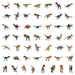 Collection of 50 varied waterproof dinosaur stickers featuring T-Rex and Triceratops