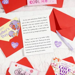 Detail of Mother's Day card with red envelopes and handwritten gratitude message