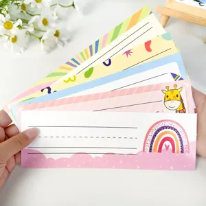 Detailed view of colorful student desk name plates with cute cartoon designs
