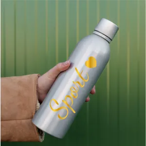 Golden handwriting Sport letter sticker applied on a silver metallic water bottle for DIY decor