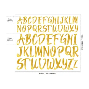 Dimensional details of 1 inch and 1.5 inch gold metallic alphabet stickers sheet