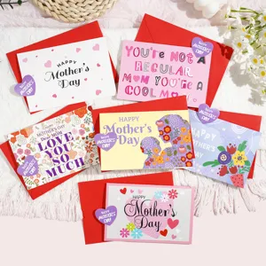 Detailed view of varied Mother's Day greeting card designs with red envelopes