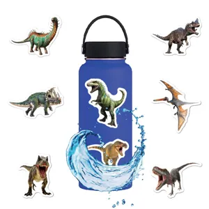 50pcs waterproof dinosaur stickers for kids shown on blue water bottle