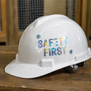 Waterproof 1-inch holographic laser alphabet stickers on a white helmet for DIY