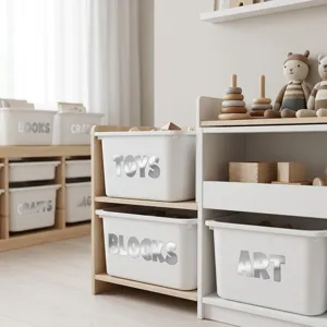 Détail d'autocollants lettres métalliques argentées pour bacs de rangement