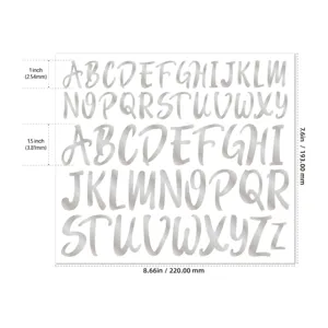 Detailed size specifications for silver 1 and 1.5 inch alphabet stickers for party decor