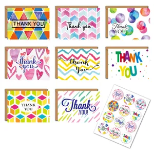 Set of colorful watercolor Thank You cards with matching envelopes and sticker sheets