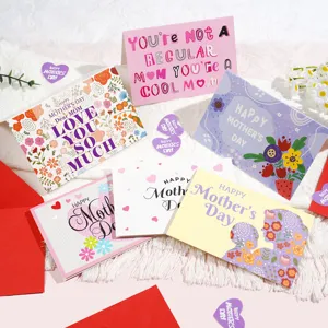 Detail of various Mother's Day greeting cards with floral and heart patterns