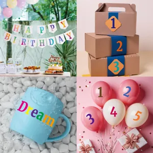 Colorful 1-inch glitter alphabet and number stickers shown on a mug, balloons, and gift boxes.