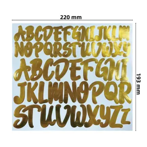 Glossy gold uppercase alphabet letter sticker sheet with dimensions 220 mm by 193 mm