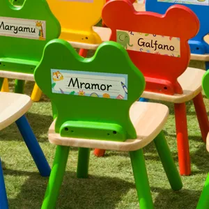 Colorful animal-themed student desk name plates for preschool and primary classroom decor.