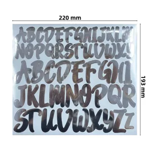 Metallic silver alphabet sticker sheet showing full dimensions of 220mm by 193mm.