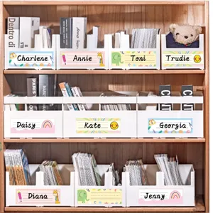 Detailed view of colorful cartoon student desk name plates on storage bins