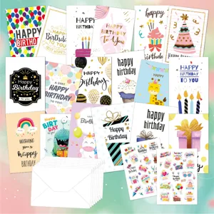 Diverse set of birthday cards with matching white envelopes and festive sticker sheets.