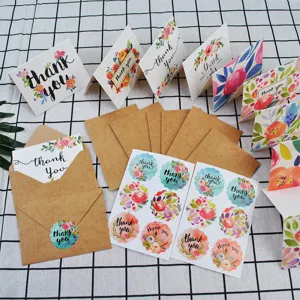 Retro floral thank you card set with kraft envelopes and stickers for gratitude