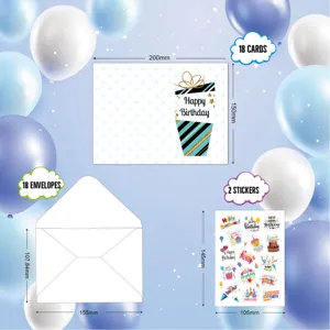 Detail view showing dimensions of birthday cards, envelopes, and sticker sheets.