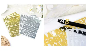 Close-up detail of 0.5-inch gold and silver waterproof alphabet and number stickers
