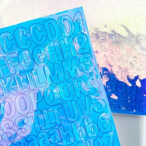 1-inch holographic blue alphabet and number stickers with a metallic finish, waterproof