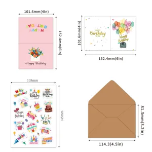 Dimensions détaillées du lot de cartes d'anniversaire avec autocollants et enveloppe