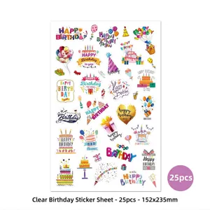 25-piece colorful cartoon happy birthday sticker sheet with size specifications