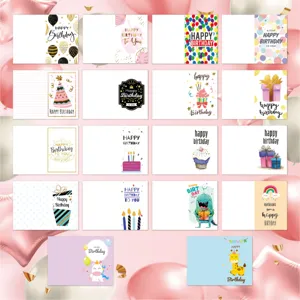 Detailed collection of 18 diverse Happy Birthday greeting card designs with festive icons.