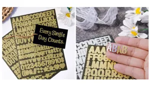 Close-up detail of 0.5-inch gold and silver glitter alphabet stickers for journals