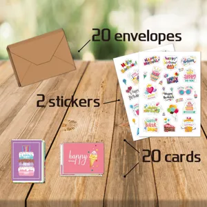 Set complet de 20 cartes d'anniversaire avec enveloppes kraft et autocollants sur bois