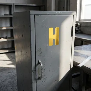Gros plan d'un autocollant doré en forme de lettre H de 2,5 pouces sur une armoire grise