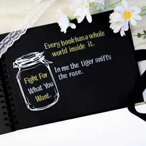 Close-up detail of waterproof English quote letter stickers on a black scrapbook page