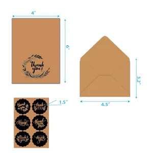 Vintage kraft thank you greeting card set with envelopes and stickers, 4x6 inches