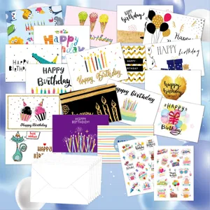 Detail view of various Happy Birthday greeting cards set with envelopes and stickers