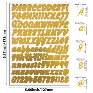 Gold alphabet sticker sheet size specifications with individual character measurements