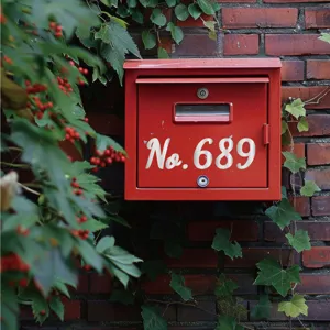 Macro view of white handwriting No. 689 stickers applied to a classic red metal mailbox