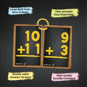 Children's math addition flashcards with large bold fonts and a durable ring binder.
