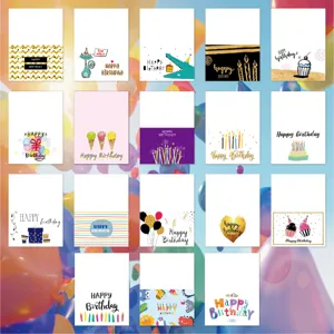 Diverse set of colorful Happy Birthday greeting cards with various festive illustrations.