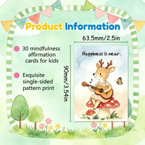 Size and feature detail of 30 mindfulness affirmation cards for kids with cute deer
