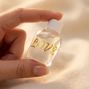 Close-up of golden 'LOVE' waterproof alphabet sticker on a small clear bottle