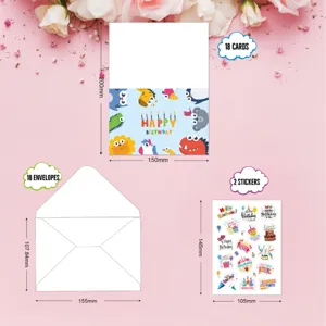 Detailed view of birthday card set dimensions including 18 cards, envelopes and stickers