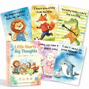 Detail view of 30 mindfulness and affirmation cards for kids featuring watercolor animals