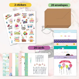 Set complet de 20 cartes d'anniversaire avec enveloppes et autocollants de décoration
