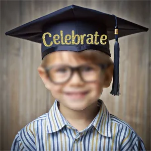 Gold glitter 'Celebrate' letter stickers on a graduation cap for party decor