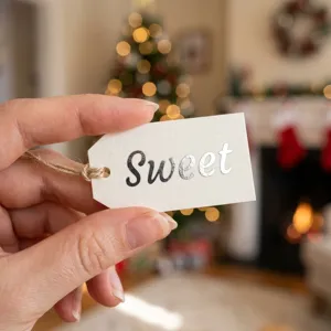 Detailed view of silver 0.5-inch alphabet stickers spelling Sweet on a gift tag