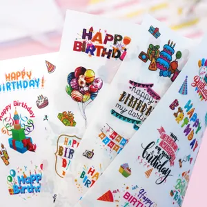 Detailed view of colorful Happy Birthday stickers for scrapbooking and party decor