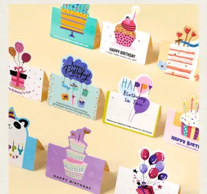 Various colorful pop-up birthday greeting cards with English messages and cute illustrations.