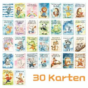 Set of 30 German SEL affirmation cards for kids with watercolor animal designs