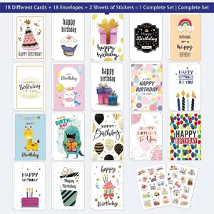 Set of 18 unique Happy Birthday cards with matching envelopes and colorful stickers