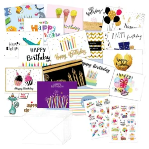 Assorted colorful birthday greeting card set including various designs envelopes and stickers