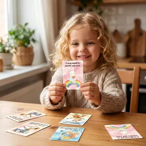 Young girl holding a colorful SEL affirmation card at a wooden table