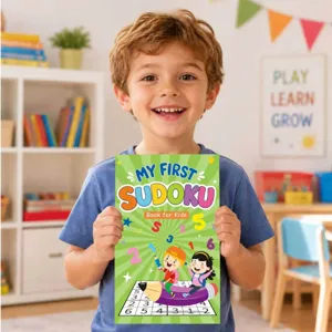 Happy young boy holding a My First Sudoku book for kids in a colorful bright classroom